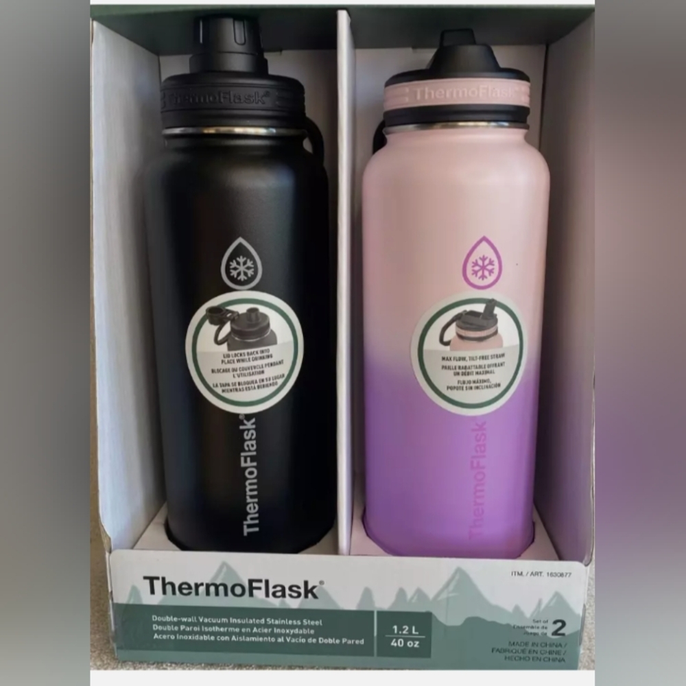 Thermoflask 40oz 2 pack vacuum insulated stainless steel Black + Pink New In Box